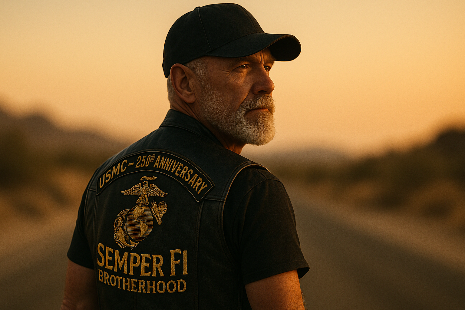 Veteran rider in a black leather vest at golden hour; detailed stitches visible